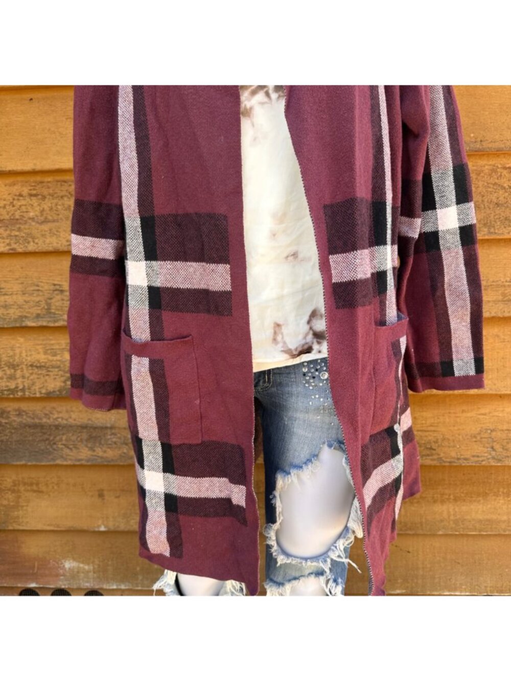 Plaid Open Front Cardigan Jacket By Elle Size XL Burgundy & Black Tones - Picture 5 of 8